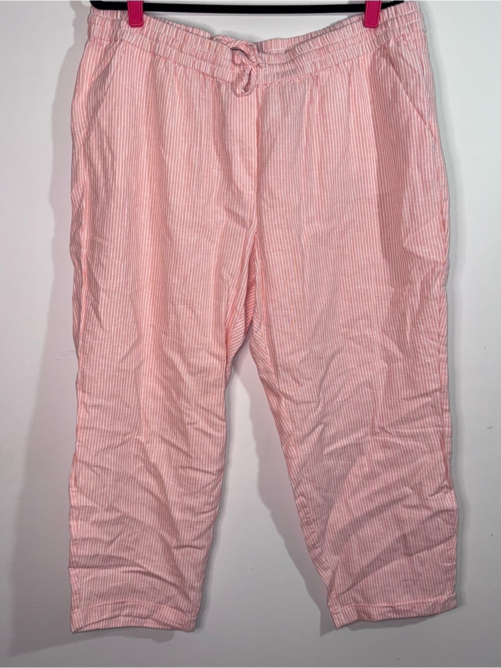J.Crew Pink White Striped Linen Cotton Pull On Cropped Pants Size 18 NWT